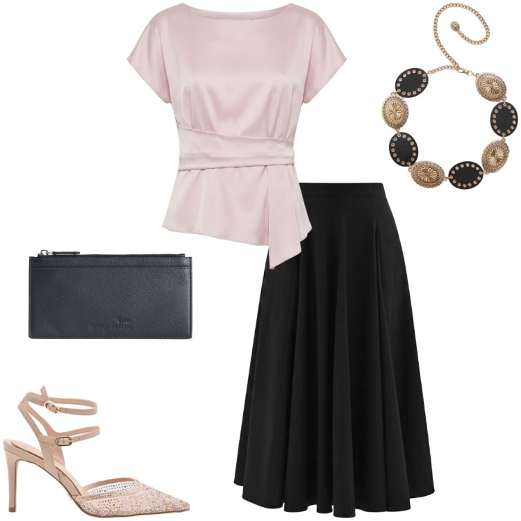Outfit donna - Silhouette fluide e leggere. Stile Chic per Serata fuori. Abbinamento con cinture, portafogli, décolleté, bluse, gonne longuette.