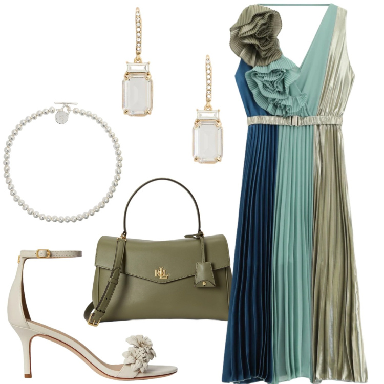 Outfit donna - Finishing Touch. Stile Chic per Cerimonia. Abbinamento con vestiti asimmetrici, collane, borse a mano, sandali in pelle, orecchini.