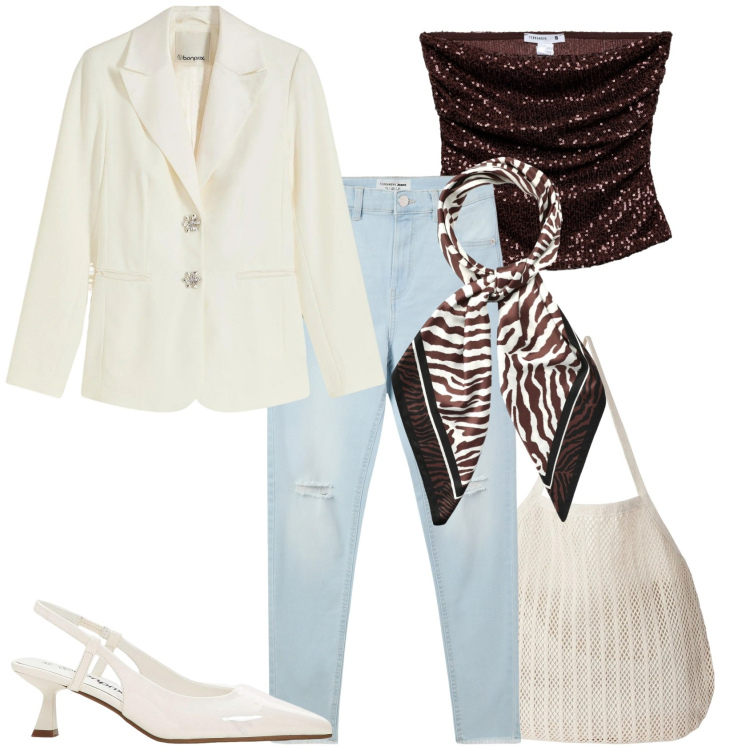 Outfit donna - A maggio con un foulard. Stile Casual per Tutti i giorni. Abbinamento con blazer, décolleté, jeans strappati, foulard, top, shopping bag.