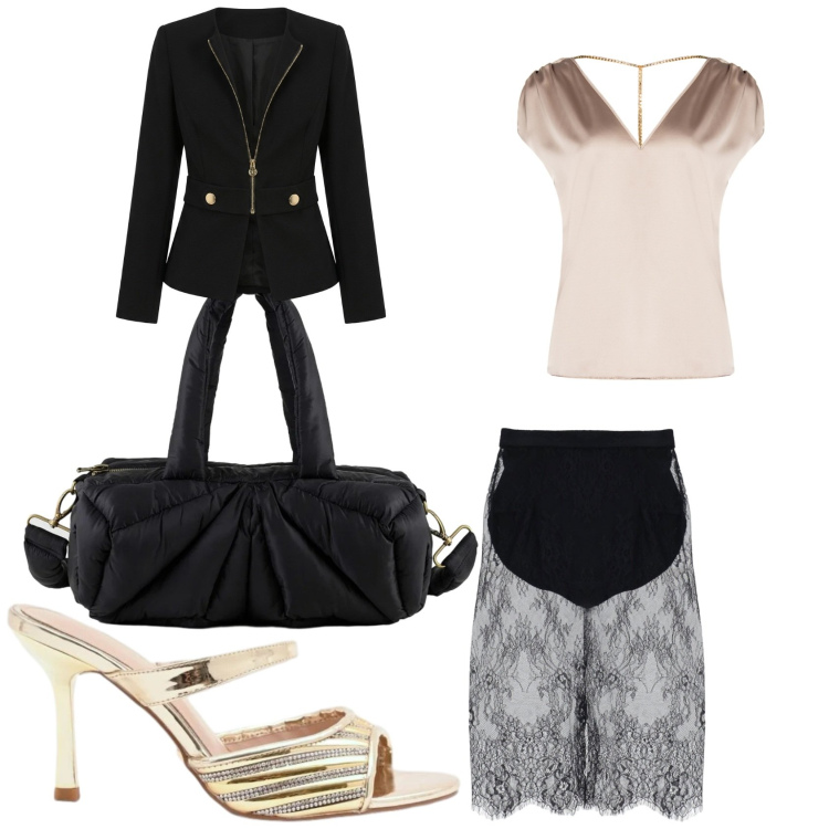 Outfit donna - Nero e oro. Stile Sexy per Serata fuori. Abbinamento con top, sabot, blazer, gonne longuette, borse a mano.