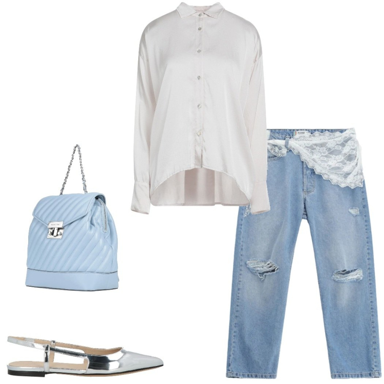 Outfit donna - Silhouette fluide e leggere. Stile Casual chic per Tutti i giorni. Abbinamento con camicie, ballerine, zaini, jeans strappati.