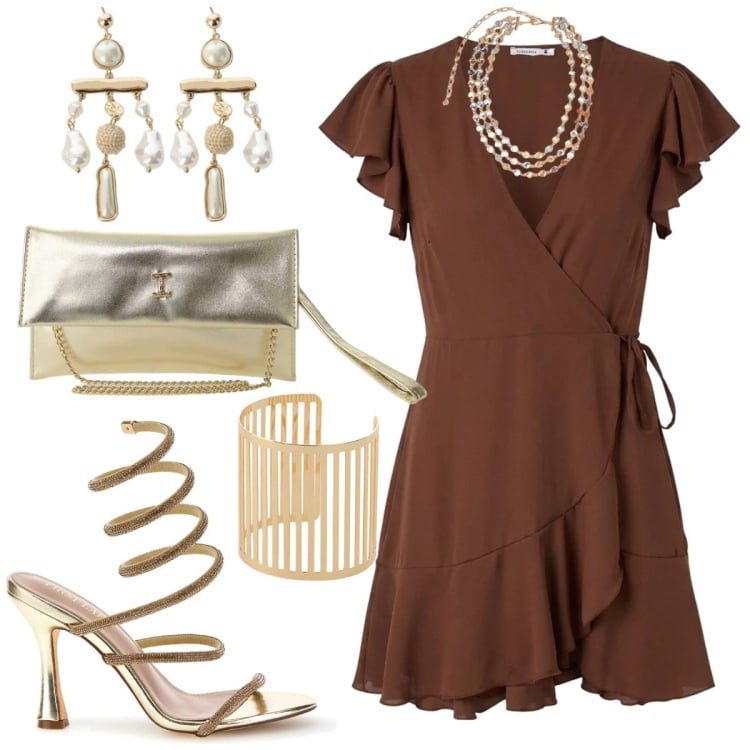 Outfit donna - Dettagli oro. Stile Glamour per Cerimonia. Abbinamento con vestiti corti, borse a tracolla, collane, orecchini, braccialetti, sandali col tacco.