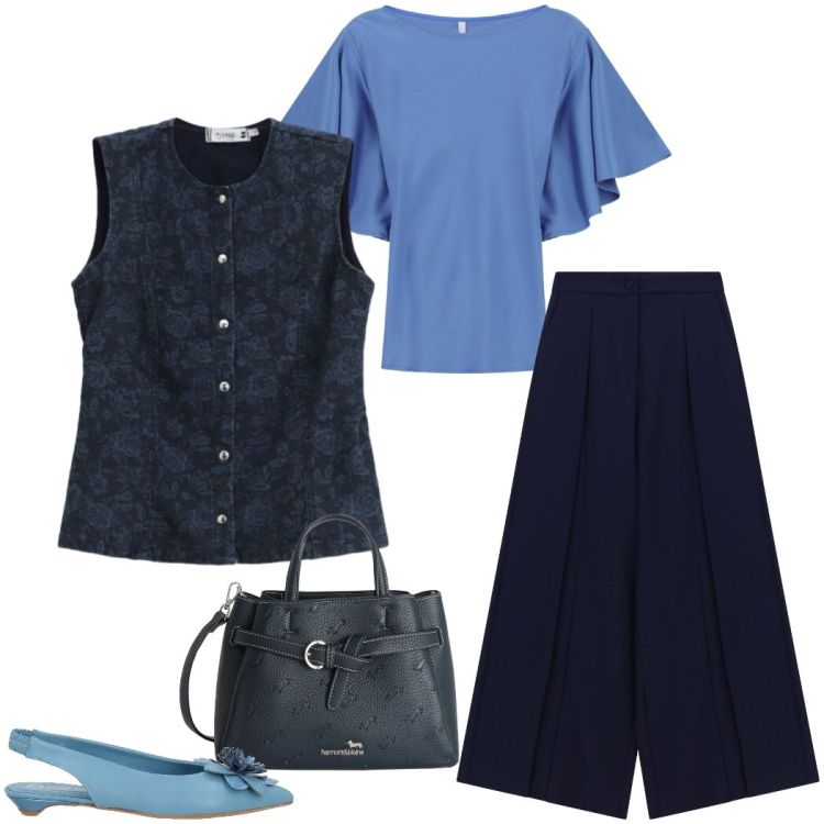 Outfit donna - Silhouette fluide e leggere. Stile Casual chic per Ufficio. Abbinamento con ballerine, borse a mano, gilet, pantaloni a palazzo, t-shirt.