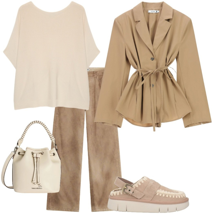 Outfit donna - Punto vita protagonista. Stile Casual chic per Ufficio. Abbinamento con décolleté, borse a secchiello, pantaloni a palazzo, blazer, t-shirt.
