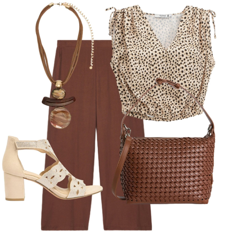 Outfit donna - Hot summer. Stile Trendy per Tutti i giorni. Abbinamento con sandali col tacco, borse a spalla, top, ciondoli, pantaloni.