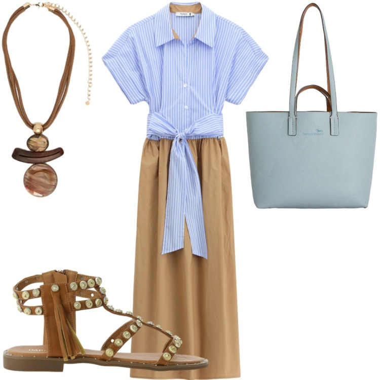 Outfit donna - Punto vita protagonista. Stile Casual chic per Tutti i giorni. Abbinamento con sandali, shopping bag, vestiti midi/longuette, ciondoli.