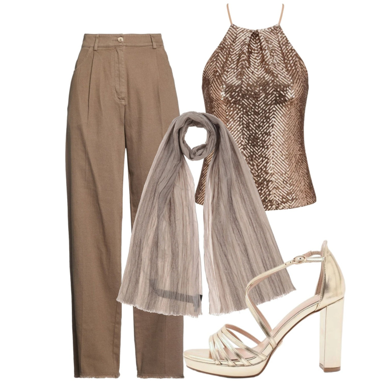 Outfit donna - Brillante. Stile Chic per Serata fuori. Abbinamento con sciarpe, pantaloni, sandali col tacco, canottiere.
