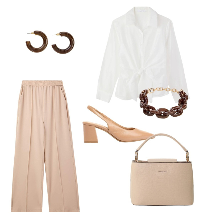 Outfit donna - Aperitivo dopo l\'ufficio. Stile Chic per Tutti i giorni. Abbinamento con braccialetti, décolleté, orecchini, pantaloni, camicie, borse a secchiello.