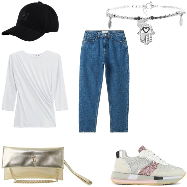 Outfit donna - Looking for…. Stile Military per Serata fuori. Abbinamento con jeans mom, top, borse a tracolla, cappelli con visiera, braccialetti, sneakers.