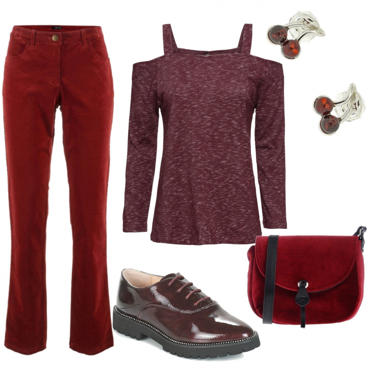 Outfit donna - Stringate bordeaux. Stile Bon Ton per Ufficio. Abbinamento con pantaloni, maglia con spalle scoperte a maniche lunghe, borse a spalla, scarpe stringate, orecchini in argento 925 argento e rosso.