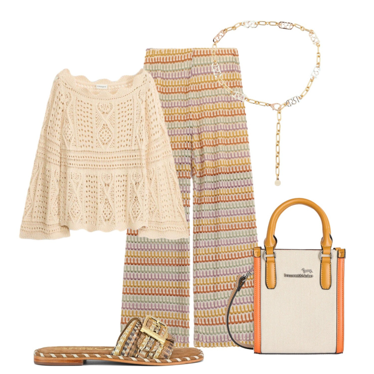 Outfit donna - Gita al lago. Stile Trendy per Tutti i giorni. Abbinamento con maglieria, cinture, pantaloni a palazzo, borse tote, ciabatte.