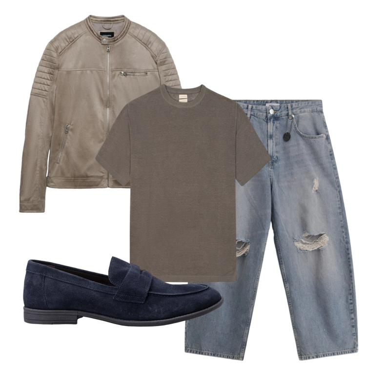 Outfit uomo - Total look #2401516. Stile Trendy per Tutti i giorni. Abbinamento con giacche, jeans strappati, scarpe stringate, t-shirt.