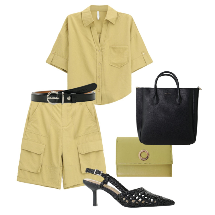 Outfit donna - Maggio Imperial in città. Stile Trendy per Tutti i giorni. Abbinamento con portafogli, borse a tracolla, cinture, décolleté, bermuda, camicie a manica corta.