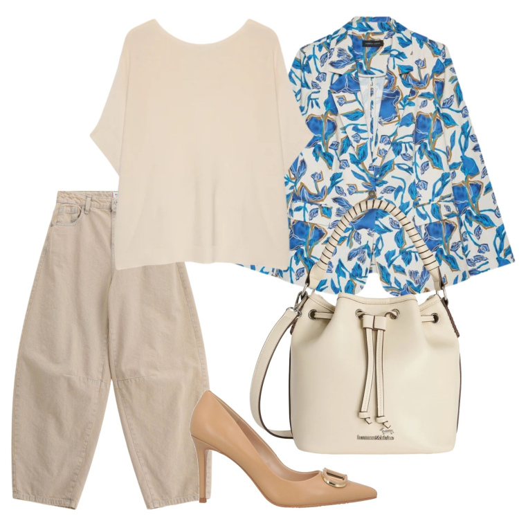 Outfit donna - Total look #2401522. Stile Casual per Ufficio. Abbinamento con décolleté, borse a secchiello, jeans, t-shirt, blazer.