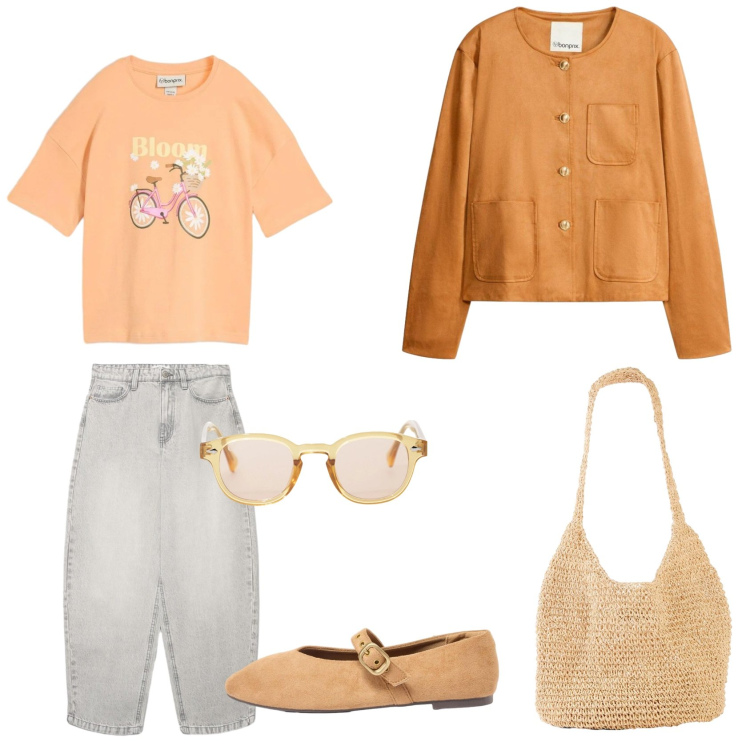 Outfit donna - Orange is the new black. Abbinamento con shopping bag, blazer, ballerine, t-shirt, jeans, occhiali da sole.