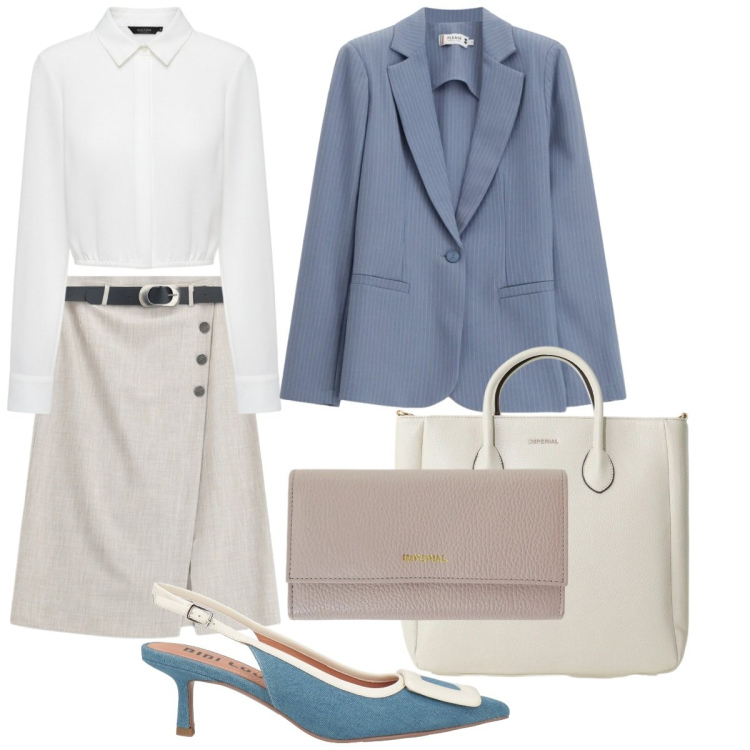 Outfit donna - Giornata impegnativa. Stile Bon Ton per Ufficio. Abbinamento con décolleté, camicie, borse a tracolla, portafogli, gonne longuette, blazer.