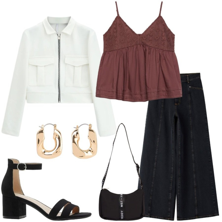 Outfit donna - Total look #2401528. Stile Casual chic per Tutti i giorni. Abbinamento con sandali col tacco, orecchini, canottiere, jeans, cappotti, borse a tracolla.