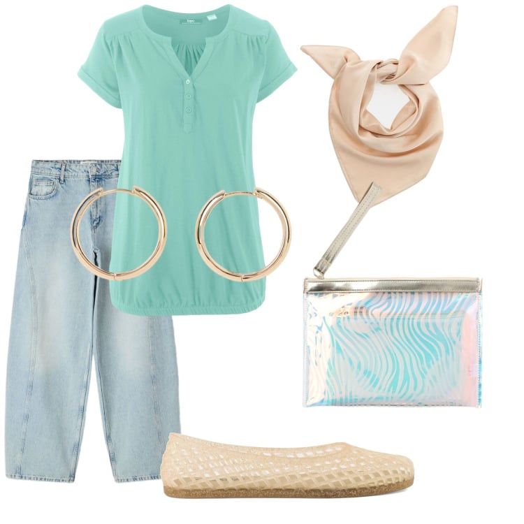 Outfit donna - Total look #2401532. Stile Casual per Tutti i giorni. Abbinamento con maglieria, orecchini, pochette, jeans, foulard, ballerine.