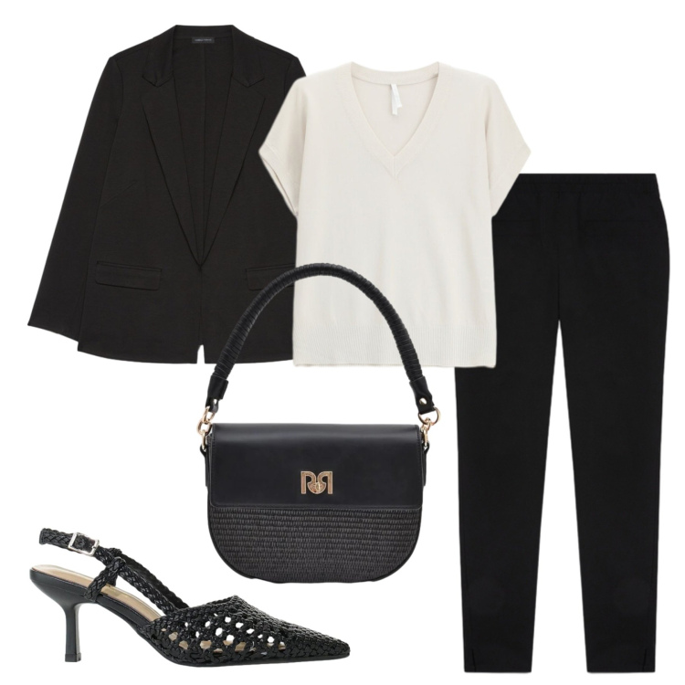 Outfit donna - Ufficio. Stile Chic per Ufficio. Abbinamento con maglieria, décolleté, borse a spalla, blazer, pantaloni skinny.