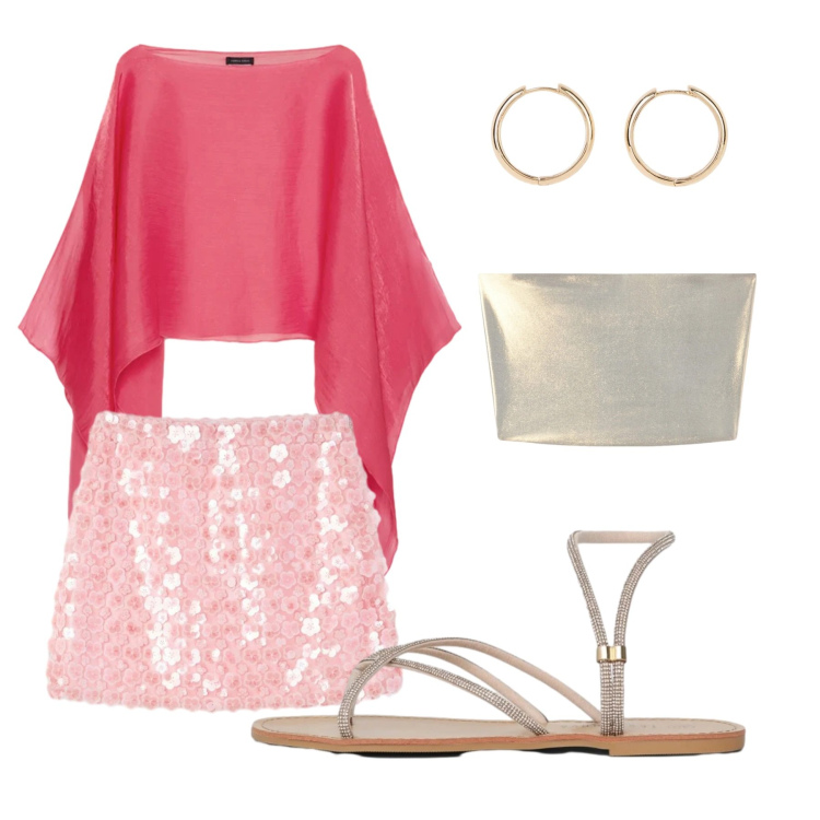 Outfit donna - Aperitivo. Stile Chic per Serata fuori. Abbinamento con orecchini, minigonne, top, sandali, blazer.