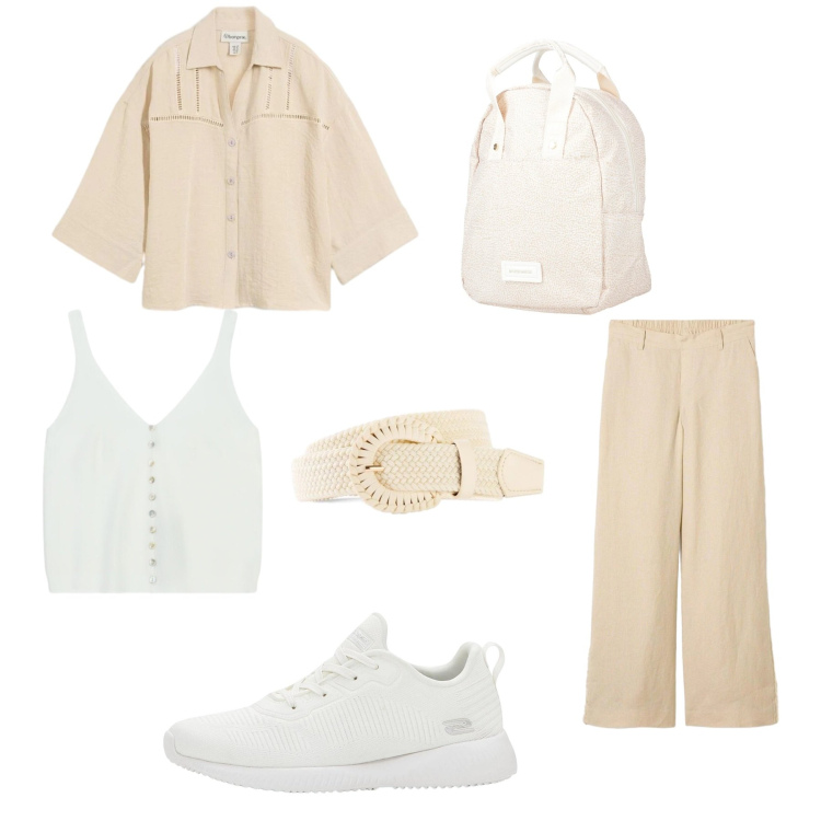 Outfit donna - Una splendida giornata. Stile Basic per Tutti i giorni. Abbinamento con canottiere, zaini, sneakers, cinture, pantaloni, camicie.