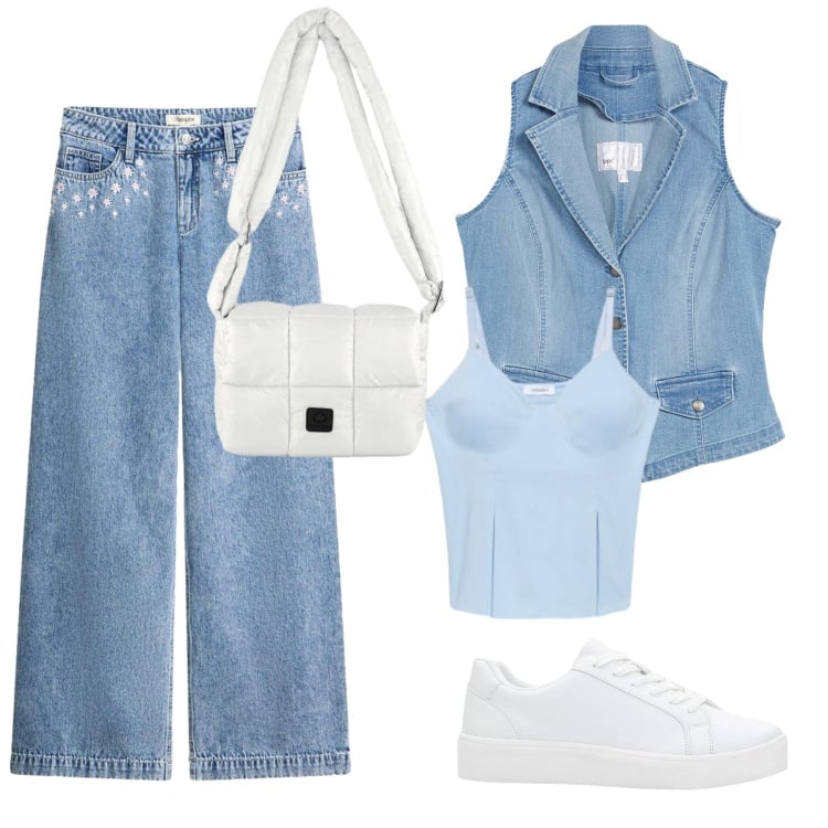 Outfit donna - Denim Sky: Casual Chic in Azzurro. Stile Casual per Tutti i giorni. Abbinamento con gilet, jeans, sneakers, canottiere, borse a spalla.