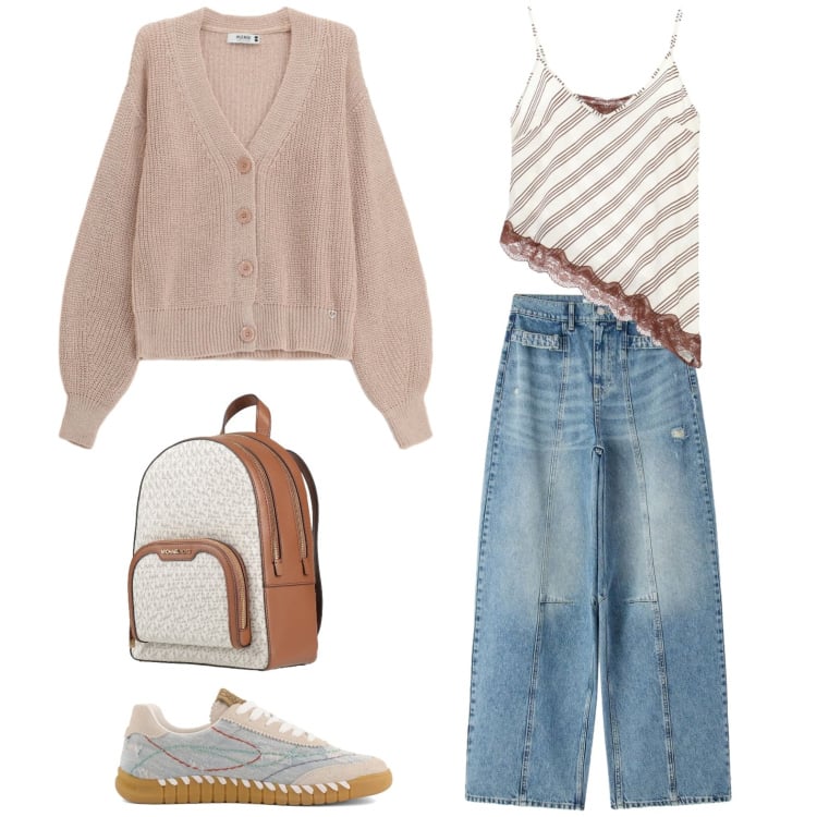 Outfit donna - Ultime lezioni in università. Stile Casual per Scuola/Università. Abbinamento con zaini, jeans, cardigans, top, sneakers.