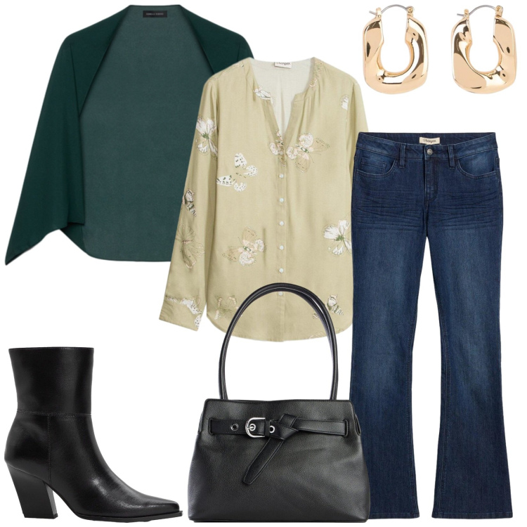 Outfit donna - Total look #2401544. Stile Urban per Tutti i giorni. Abbinamento con jeans a zampa, borse a mano, stivaletti, orecchini, camicie, blazer.