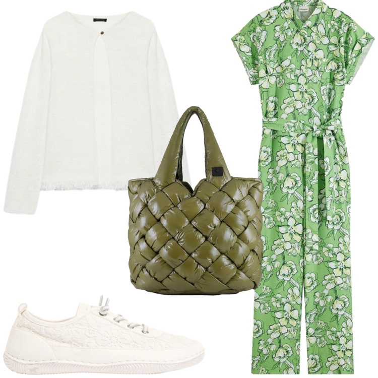 Outfit donna - Verde in primavera. Stile Trendy per Tutti i giorni. Abbinamento con tute, sneakers, cardigans, borse tote.