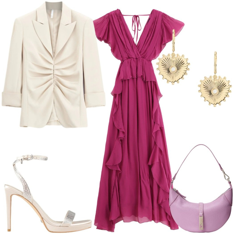 Outfit donna - Finishing Touch gli orecchini. Stile Boho per Cerimonia. Abbinamento con sandali col tacco, blazer, orecchini, borse a spalla, vestiti lunghi.