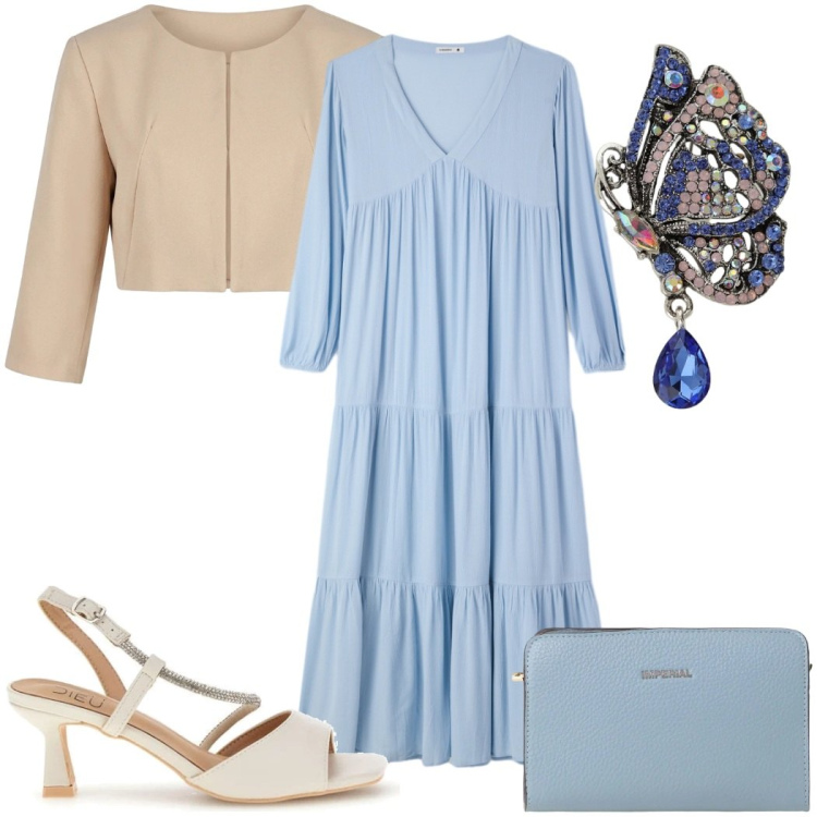 Outfit donna - Finishing Touch: la spilla. Stile Glamour per Cerimonia. Abbinamento con vestiti lunghi, bolero, borse a tracolla, ciondoli, sandali col tacco.