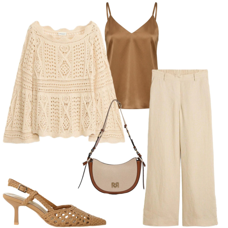 Outfit donna - Serata di maggio. Stile Casual chic per Serata fuori. Abbinamento con maglieria, pantaloni, décolleté, canottiere, borse a tracolla.