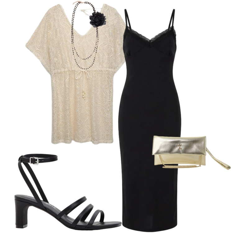 Outfit donna - Caftano écru. Stile Chic per Serata fuori. Abbinamento con sandali col tacco, caftani, vestiti midi/longuette, borse a tracolla, collane.