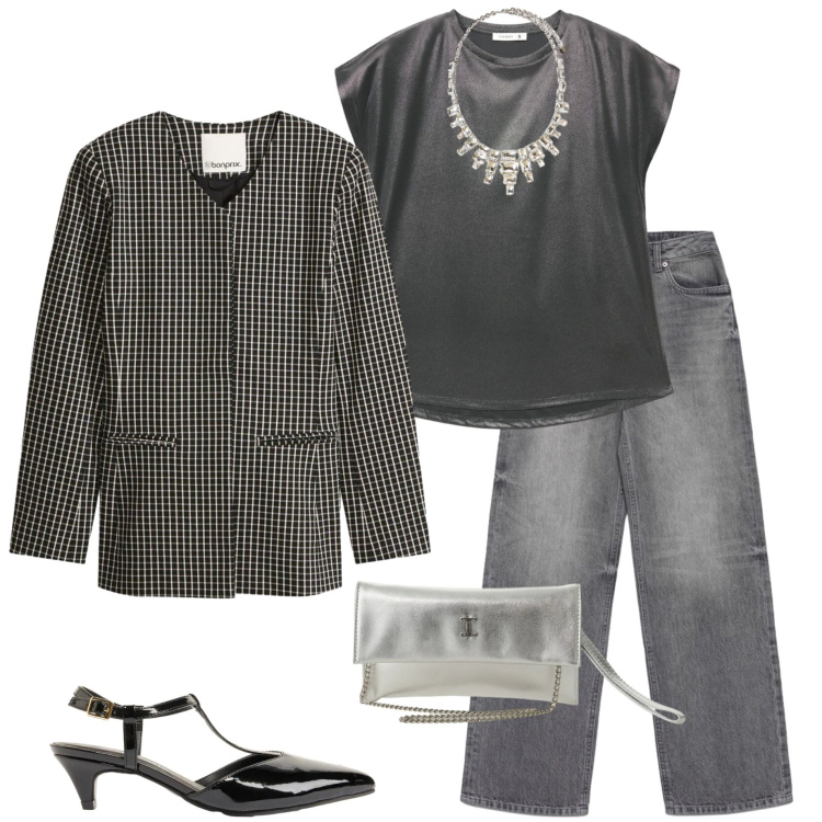 Outfit donna - Casual chic style. Stile Casual chic per Serata fuori. Abbinamento con blazer, décolleté, t-shirt, jeans, borse a tracolla, collane.