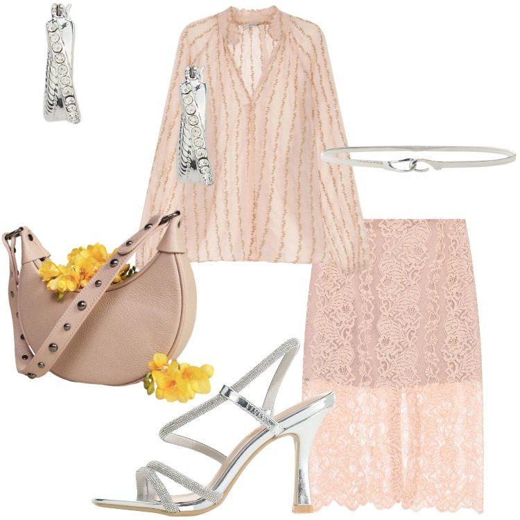 Outfit donna - Finishing Touch. Stile Romantica per Cerimonia. Abbinamento con gonne longuette, sandali col tacco, cinture, borse a spalla, camicie, orecchini.