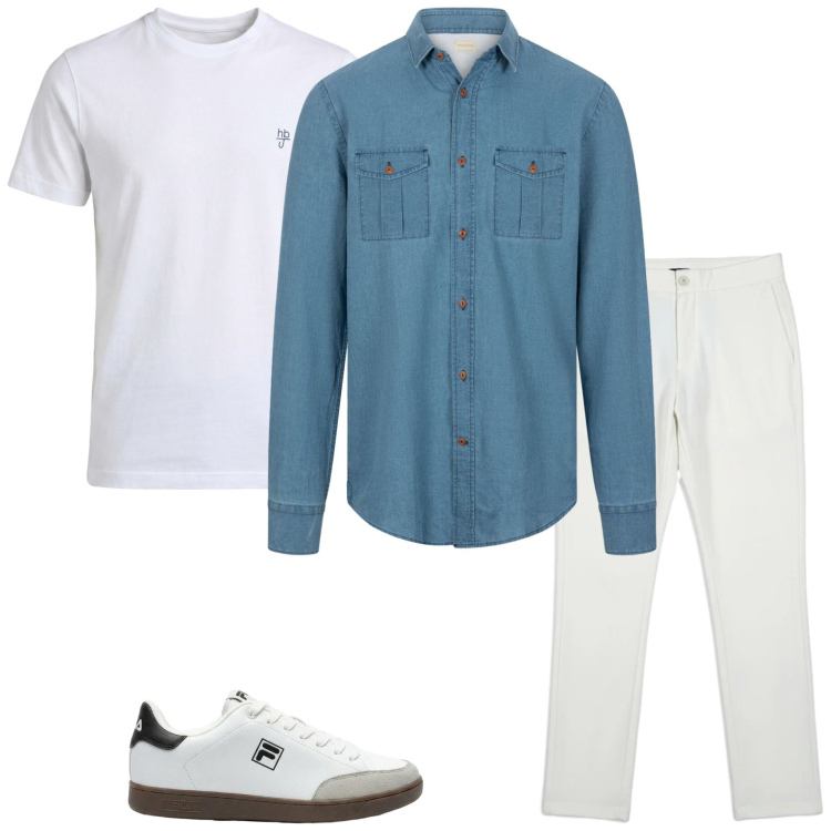 Outfit uomo - Camicia in jeans. Stile Casual per Tutti i giorni. Abbinamento con sneakers, t-shirt, camicie, pantaloni.