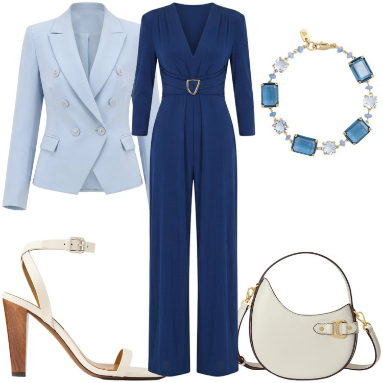 Outfit donna - L\'Invitata perfetta sei tu - trendy. Stile Trendy per Cerimonia. Abbinamento con tute, blazer, borse a tracolla, braccialetti, sandali in pelle.