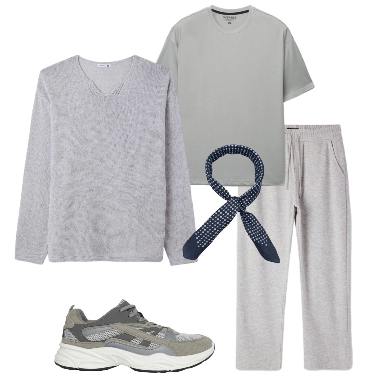 Outfit uomo - Giornata grigia. Stile Casual per Tutti i giorni. Abbinamento con sneakers, maglieria, pantaloni, t-shirt, sciarpe e foulard.
