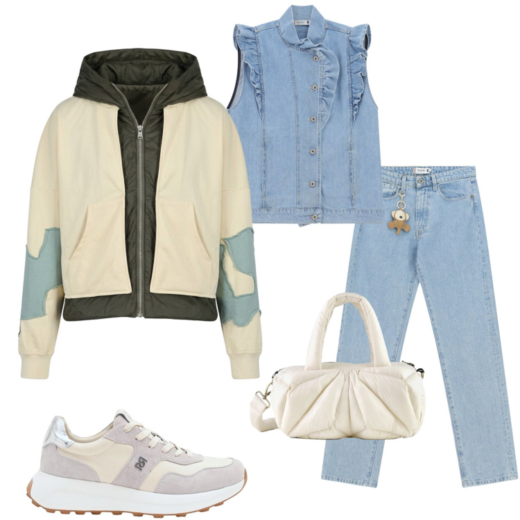 Outfit donna - Temporale all\' improvviso. Stile Casual chic per Tutti i giorni. Abbinamento con jeans dritti, top, sneakers, borse a mano, bomber.
