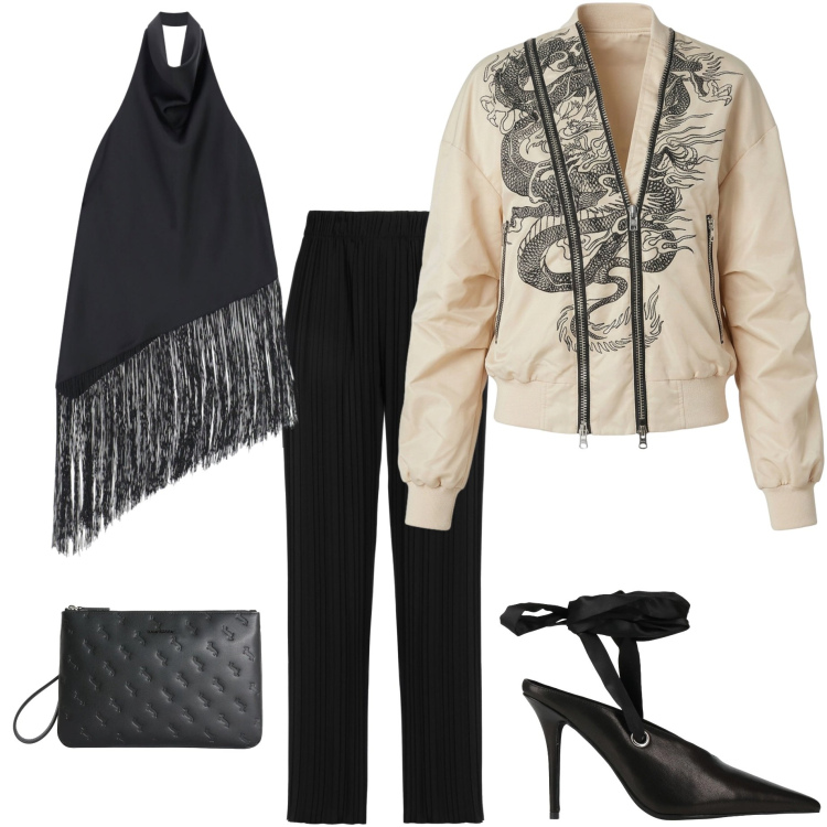 Outfit donna - Serata piovosa. Stile Casual chic per Serata fuori. Abbinamento con pantaloni, décolleté, top, anelli, bomber.