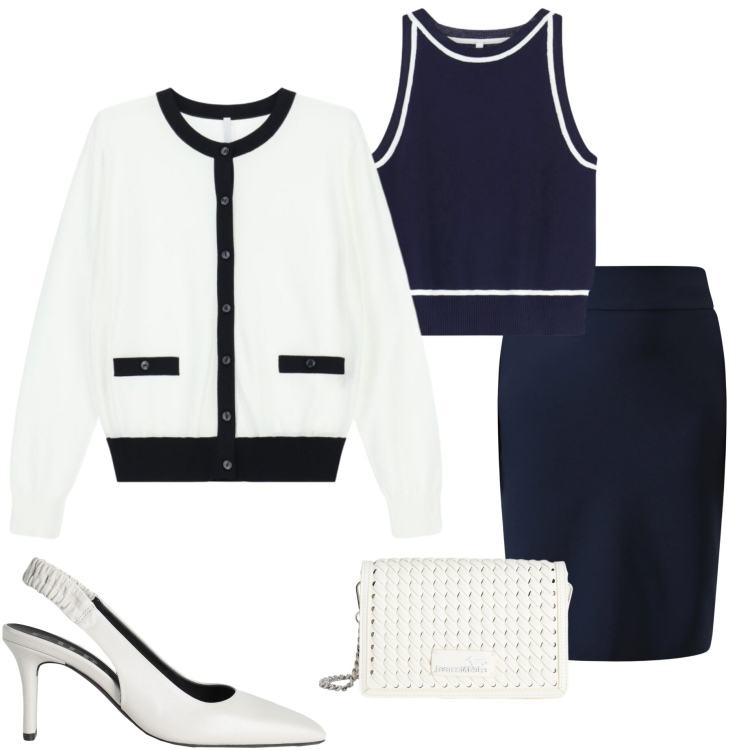 Outfit donna - Classico bianco e blu. Stile Bon Ton per Serata fuori. Abbinamento con décolleté, borse a tracolla, top, cardigans, gonne.