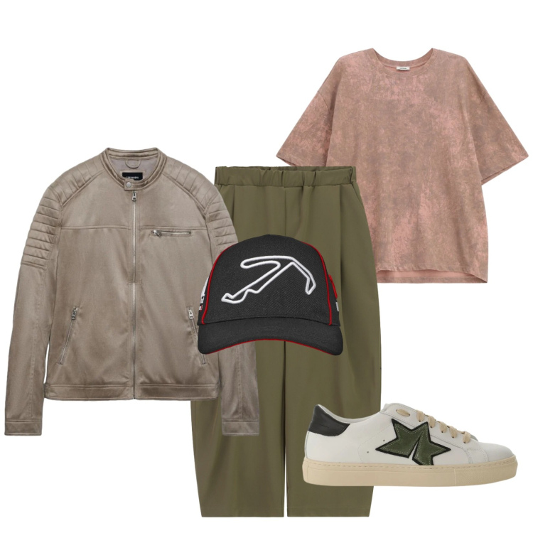 Outfit uomo - Total look #2401614. Stile Casual per Tutti i giorni. Abbinamento con cappelli con visiera, giacche, sneakers, pantaloni a palazzo, t-shirt.