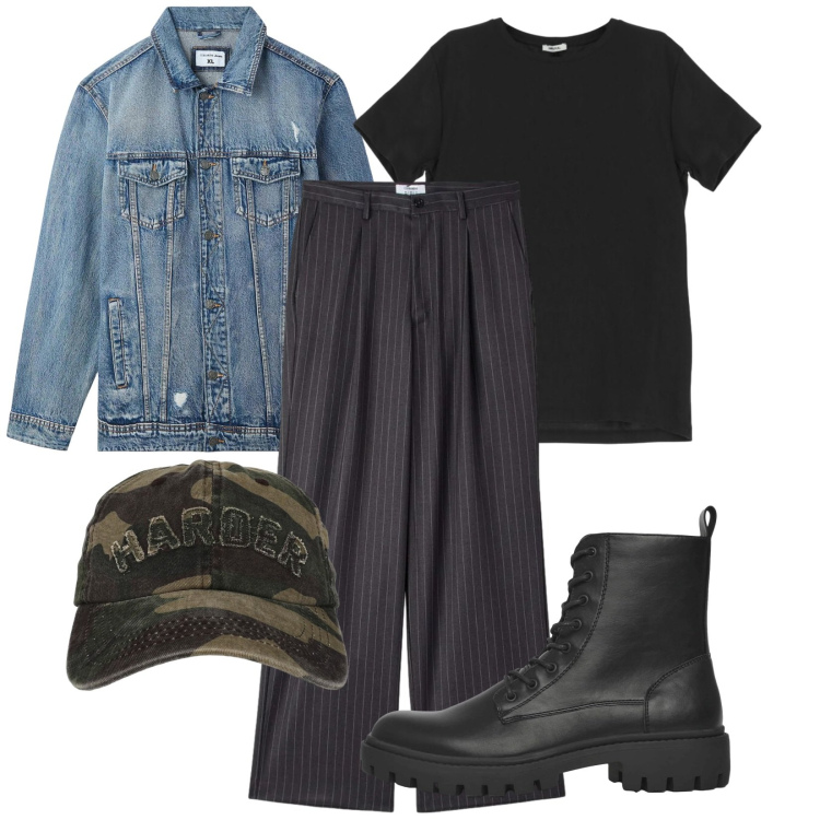 Outfit uomo - Total look #2401615. Stile Urban per Tutti i giorni. Abbinamento con giacche, cappelli con visiera, pantaloni, anfibi, t-shirt.