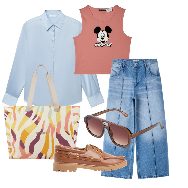 Outfit donna - Maggio. Stile Casual per Tutti i giorni. Abbinamento con mocassini, occhiali da sole, camicie, jeans, canottiere, shopping bag.