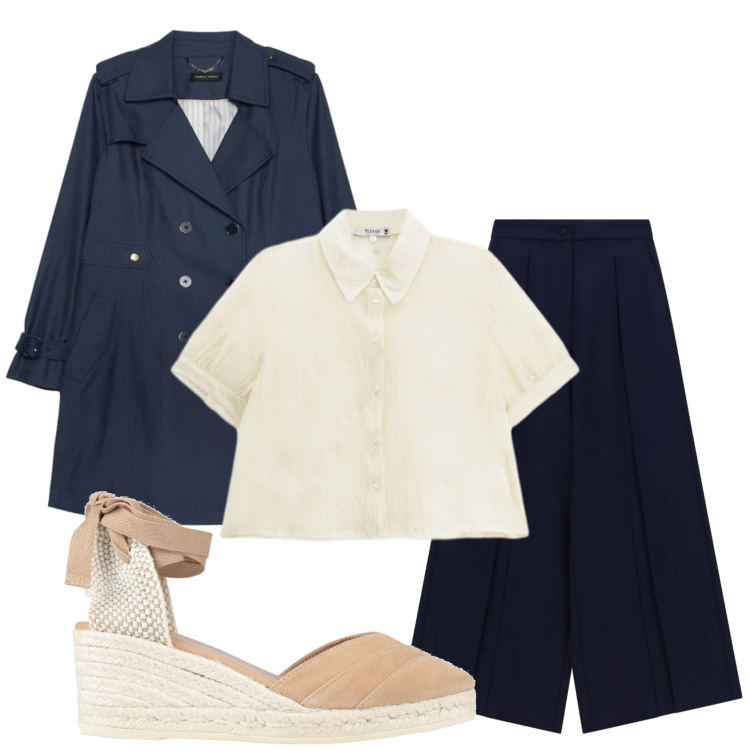 Outfit donna - Total look #2401622. Stile Casual chic per Ufficio. Abbinamento con espadrillas, pantaloni a palazzo, camicie a manica corta, trench.