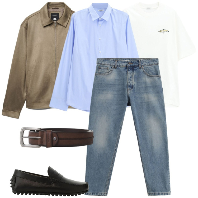 Outfit uomo - Serata primaverile. Stile Casual per Serata speciale. Abbinamento con giacche, jeans, scarpe stringate, cinture, t-shirt, camicie.