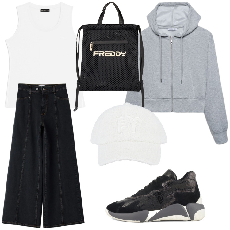 Outfit donna - Total look #2401625. Stile Urban per Scuola/Università. Abbinamento con felpe con cappuccio, jeans, zaini, cappelli con visiera, canottiere, sneakers alte.