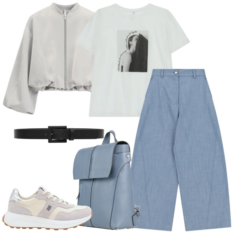 Outfit donna - Total look #2401626. Stile Casual chic per Tutti i giorni. Abbinamento con zaini, t-shirt, bomber, jeans, sneakers, cinture.