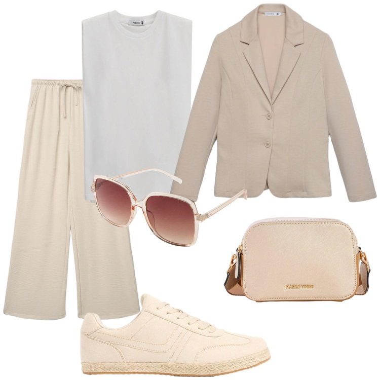 Outfit donna - Terra. Stile Casual chic per Tutti i giorni. Abbinamento con sneakers, occhiali da sole, borse a tracolla, pantaloni, blazer, top.