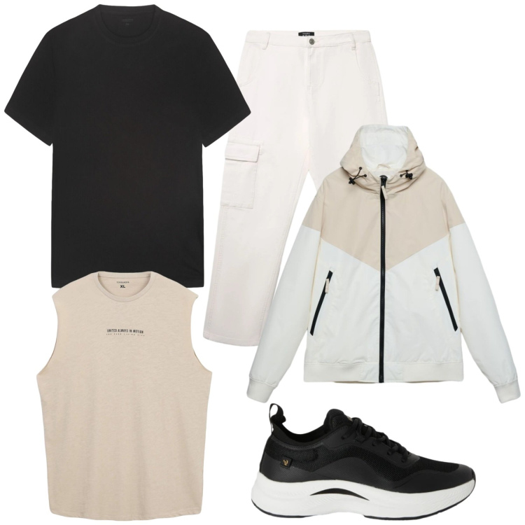 Outfit uomo - Total look #2401635. Stile Casual per Tutti i giorni. Abbinamento con pantaloni cargo, t-shirt sportive, giacche sportive, sneakers, t-shirt.